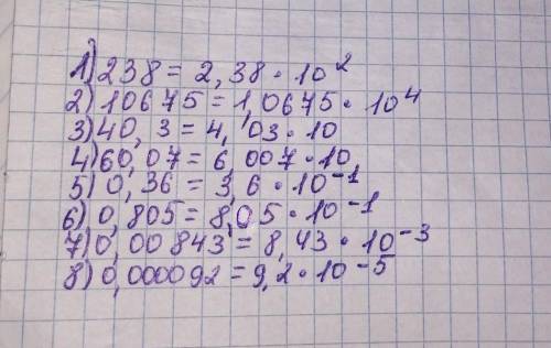 Записать число в стандартном виде. 1) 238 =2) 10675=3) 40,3 =4) 60,07 =5) 0,36=6) 0,805 =7) 0,008438