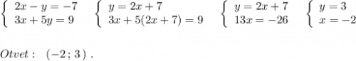 \left\{\begin{array}{l}2x-y=-7\\3x+5y=9\end{array}\right\ \ \left\{\begin{array}{l}y=2x+7\\3x+5(2x+7)=9\end{array}\right\ \ \left\{\begin{array}{l}y=2x+7\\13x=-26\end{array}\right\ \ \left\{\begin{array}{l}y=3\\x=-2\end{array}\right\\\\\\Otvet:\ \ (-2\, ;\, 3\, )\ .