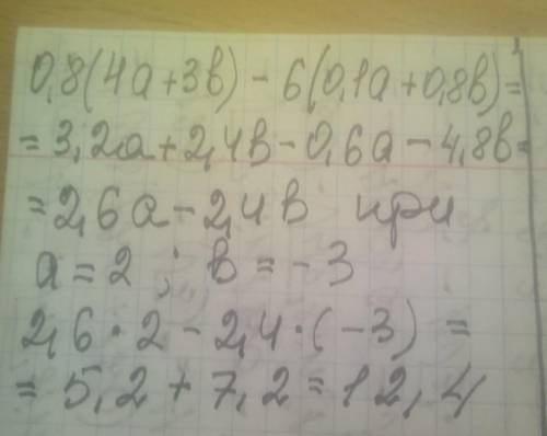 Найди значение алгебраического выражения 0,8(4a+3b)−6(0,1a+0,8b)  при a=2,b=−3.   ​