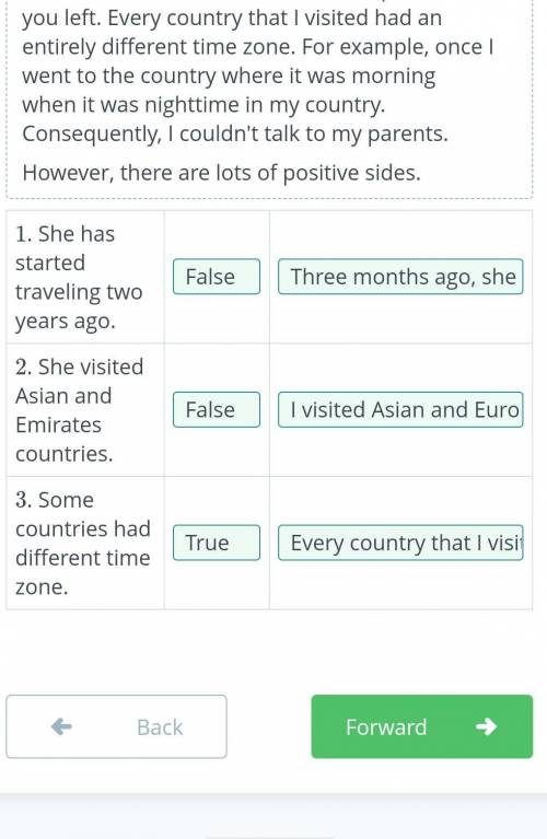 Identify if the sentences are True or False and match the evidence. 1. She has started traveling two