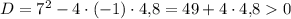 D = 7^2 - 4\cdot(-1)\cdot 4{,}8 = 49 + 4\cdot 4{,}8 0