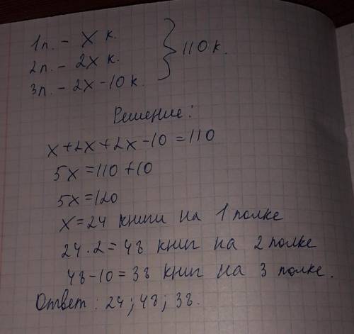 На трёх полках 110 книг, на 2полке в 2раза больше чем в 1полке а на 3полке на10 книг меньше чем во 2