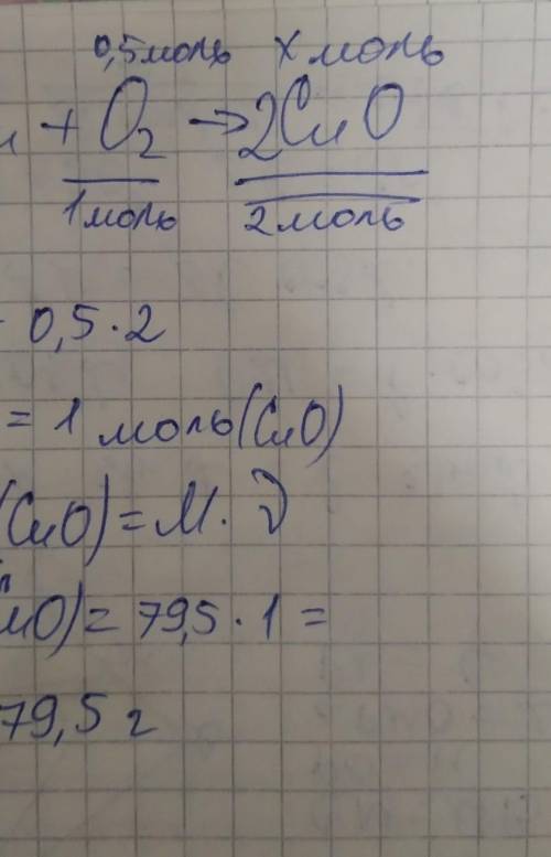 Найдите массу оксида меди (CuO), если на окисление меди (Cu) затратили 0,5 моль кислорода (O2)