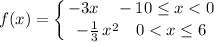 \displaystyle f(x)=\left \{ {{-3x\quad -10\leq x