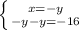 \left \{ {{x=-y} \atop {-y-y=-16}} \right.