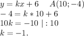 y=kx+6\ \ \ \ A(10;-4)\\-4=k*10+6\\10k=-10\ |:10\\k=-1.