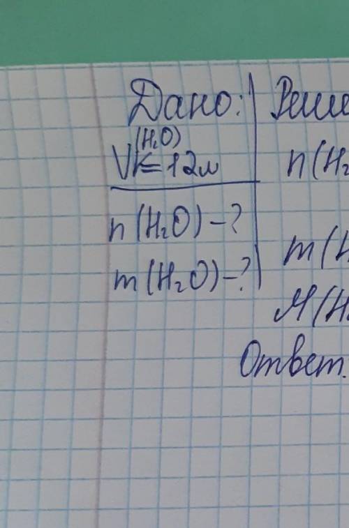 Определите количество вещества и массу 12 л водяного пара (н.у). через дано