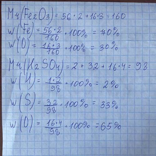 Определите массовые доли элементов входящих в следующие соединения: fe2o3, H2so4