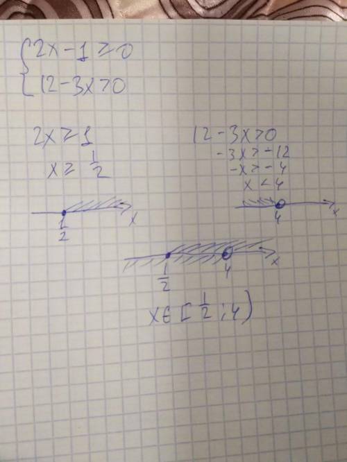 Решите систему неравенств система 2x - 1 больше либо равно нулю 12 - 3X больше нуля​