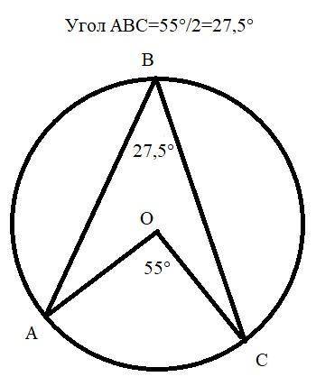 Знайдіть градусну міру кута, вписаного в коло, якщо відповідний йому центральний кут дорівнює 55