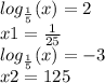 log_{ \frac{1}{5} }(x) = 2 \\ x1 = \frac{1}{25} \\ log_{ \frac{1}{5} }(x) = - 3 \\ x2 = 125