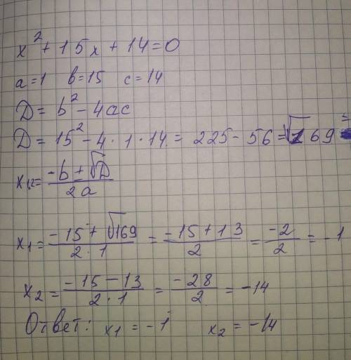 Решить квадратное уравнение через дискриминант x^2+15+14=0