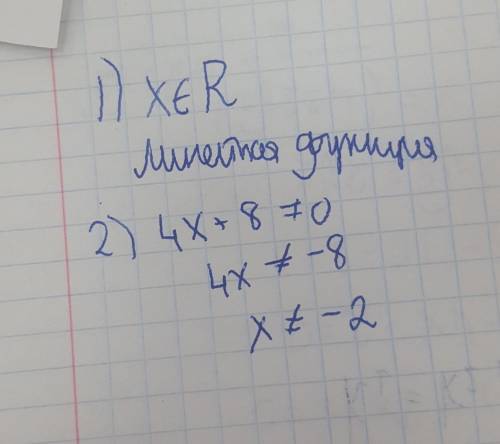 Найдите область определения функции, заданной формулой: а) y = 2x - 4 б) y = x/(4x+8)​