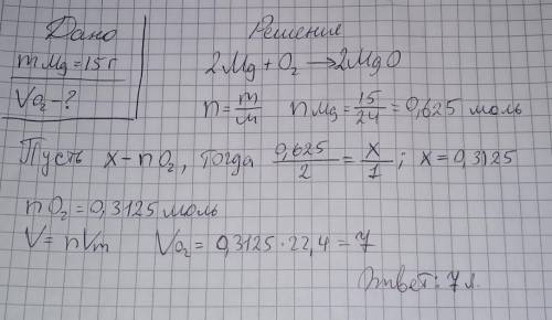 Сколько требуется (в литрах) кислорода для взаимодействия с 15 г магния?