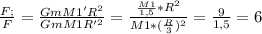 \frac{F;}{F}=\frac{GmM1'R^2}{GmM1R'^2}=\frac{\frac{M1}{1,5}*R^2}{M1*(\frac{R}{3})^2}=\frac{9}{1,5}=6