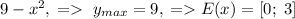 9-x^2,\;=\;y_{max}=9,\;=E(x)=[0;\;3]