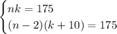 \begin{cases} nk=175\\ (n-2)(k+10)=175 \end{cases}