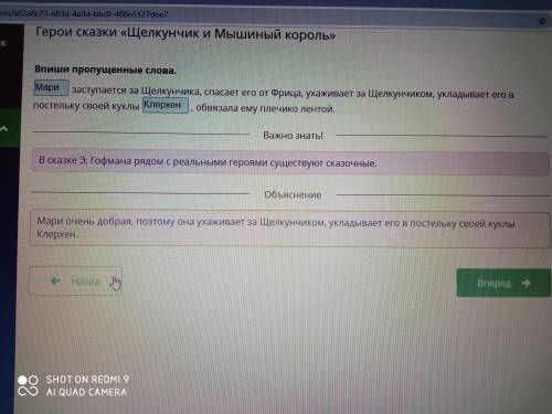 Впиши пропущенные слова. заступается за Щелкунчика его от Фрица, ухаживает за Щелкунчиком, укладывае