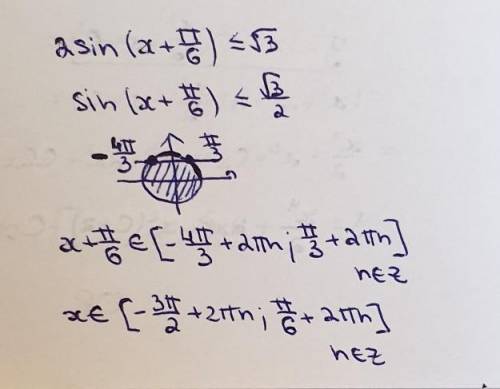 2 sin (x+pi/6) меньше или равно корень из 3 надо