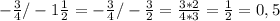 -\frac{3}{4} / -1\frac{1}{2} = -\frac{3}{4} / -\frac{3}{2}=\frac{3*2}{4*3} =\frac{1}{2} =0,5