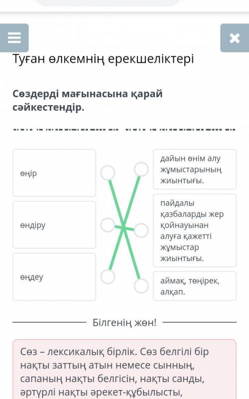 Туған өлкемнің ерекшеліктері.Сөздерді мағынасына қарай сәйкестендір.​