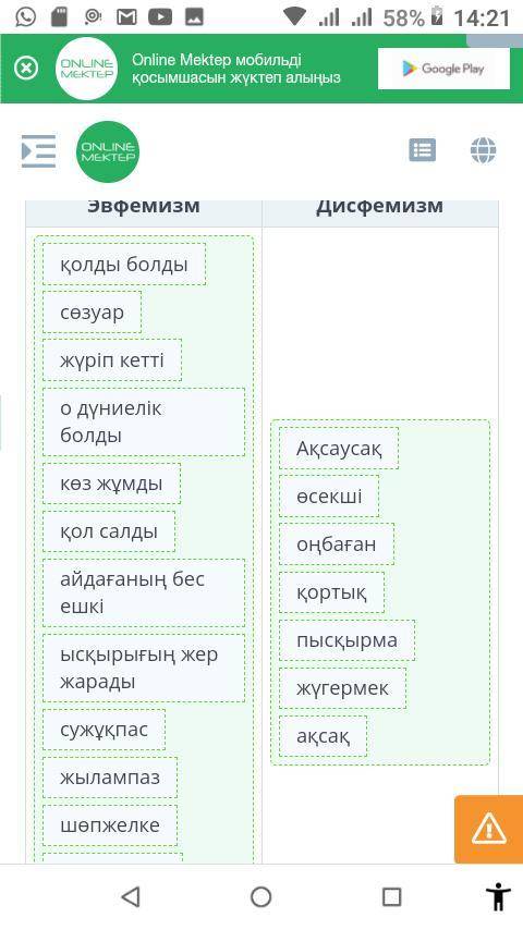 Эвфемизм, дисфемизм сөздер Эвфемизм және дисфемизм сөздерді екі бағанға бөліп жаз.