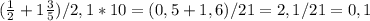 (\frac{1}{2} +1\frac{3}{5}) /2,1*10=(0,5+1,6)/21=2,1/21=0,1