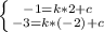 \left \{ {{-1=k*2+c} \atop {-3=k*(-2)+c}} \right. \\\\