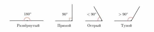 Какие из данных углов гострые, тупые, прямые или развернутые?