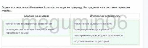 А Оцени последствия обмеления Аральского моря на природу. Распредели их в соответствующие ячейки.​