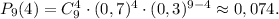 P_{9}(4) = C^{4}_{9} \cdot (0,7)^{4} \cdot (0,3)^{9-4} \approx 0,074.