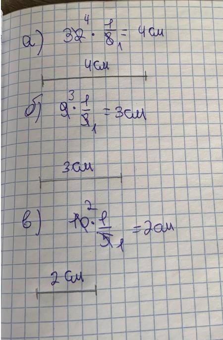 3. Начерти отрезки, длина которых составляет а) одну восьмую часть 32 см;б) одну третью часть 9 см;в