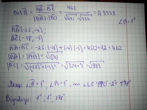 9 класс. Знайдіть кути трикутника АВС якщо А(-2;1) В(23;5) С(5:2) ​