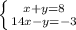 \left \{ {{x+y=8} \atop {14x-y=-3}} \right.