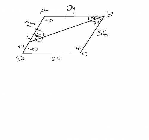 Дан параллелограмм ABCD, ∠D=140∘, BC=36 . На стороне AD есть такая точка L, что ∠ABL=70∘, LD=12. Най