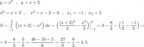 y=x^2\ \ ,\ \ y=x+2\\\\x^2=x+2\ \ ,\ \ \ x^2-x-2=0\ \ ,\ \ x_1=-1\ ,\ x_2=2\\\\S=\int\limits^2_{-1}\, \Big((x+2)-x^2\Big)\, dx=\Big(\dfrac{(x+2)^2}{2}-\dfrac{x^3}{3}\Big)\Big|_{-1}^2=8-\dfrac{8}{3}-\Big(\dfrac{1}{2}-\dfrac{-1}{3}\Big)=\\\\\\=8-\dfrac{8}{3}-\dfrac{5}{6}=\dfrac{48-16-5}{6}=\dfrac{27}{6}=\dfrac{9}{2}=4,5