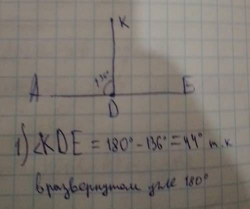 Из вершины развернутого угла ADE проведи луч DK угол ADK=136° Найдиски угол KDE