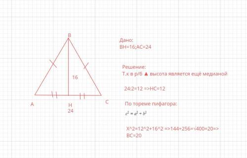 2. В равнобедренном треугольнике основание равно 24 см, высота, проведенная к основанию, равна 16 см