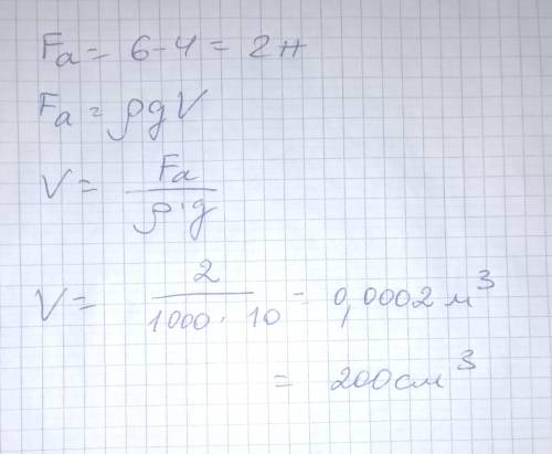 Камень в воздухе весит 6Hв воде 4H. Чему равен объём этого камня?