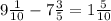 9\frac{1}{10} - 7\frac{3}{5} =1\frac{5}{10}