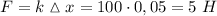 F = k \vartriangle x = 100 \cdot 0,05 = 5\ H