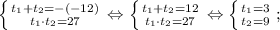 \left \{ {{t_{1}+t_{2}=-(-12)} \atop {t_{1} \cdot t_{2}=27}} \right. \Leftrightarrow \left \{ {{t_{1}+t_{2}=12} \atop {t_{1} \cdot t_{2}=27}} \right. \Leftrightarrow \left \{ {{t_{1}=3} \atop {t_{2}=9}} \right. ;