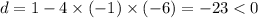 d = 1 - 4 \times ( - 1) \times ( - 6) = - 23 < 0