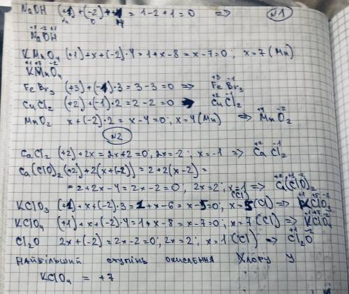 1. Визначте ступені окиснення всіх елементів у таких сполуках: FeBr3, N2, NaOH, CuCl2, KMnO4, Cl2, M