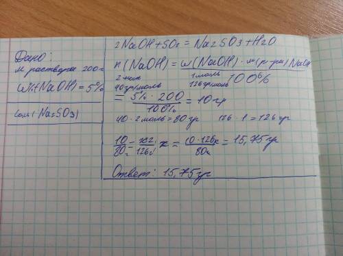 Какая масса соли образуется при растворении сернистого газа в 5%-ном растворе NaOH массой 200г?