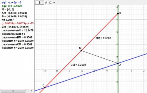 Дві сторони трикутника задано рівняннями -2*x+6*y-6=0 і -7*x+0*y-1=0, а середина третьої сторони спі