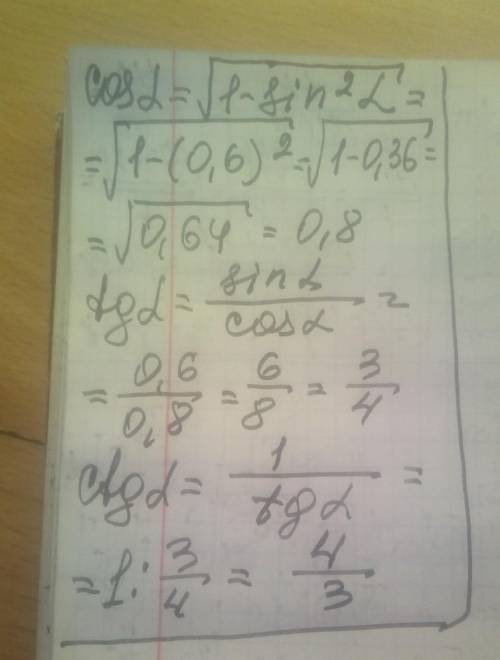 Для  острого угла α  найдите  cos α,   ctg α, tg α,  если    sin α =0,6.                        [5] 