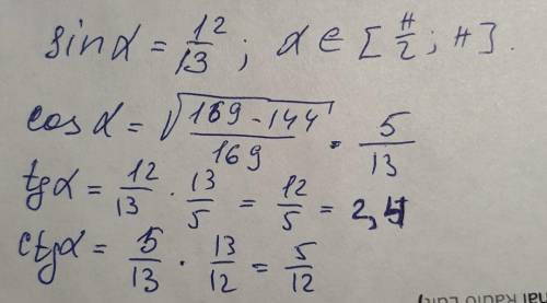 6. Дано: sin α = 12/13 ,α угол второй четвертиНайти: cos α; tg α; ctg α