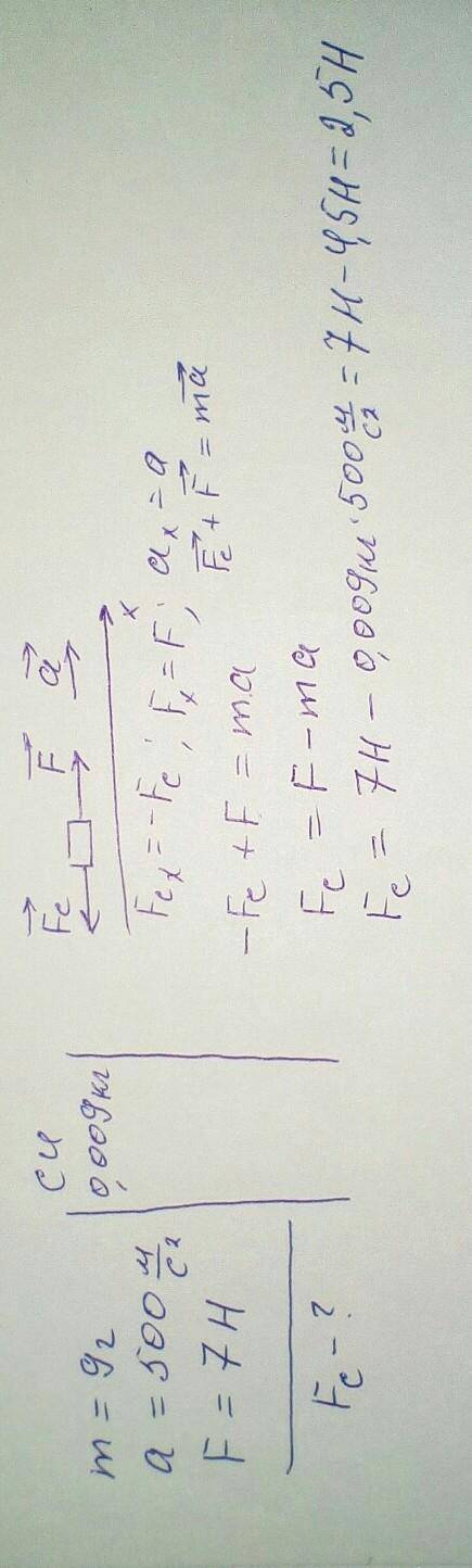3. Пуля массой т = 9 глетит по прямой с ускорением а= 500 м/с2. Определите силу сопротивления воздух