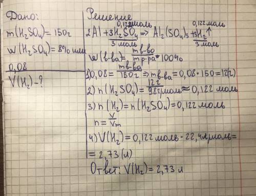 Сколько литров газа (н.у.) выделится при растворении алюминия в 150 г. 8% го раствора серной кислоты